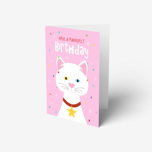 Pink birthday card with cat design and have a purrrfect birthday