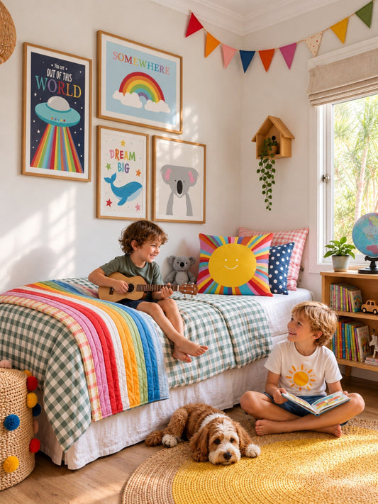 Colourful kids bedroom with playful wall art, rainbow prints and animal illustrations