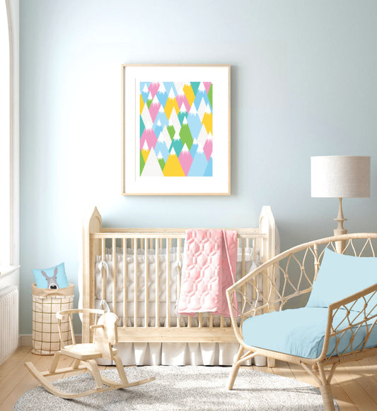 Cosy winter nursery with soft colours and colourful wall art