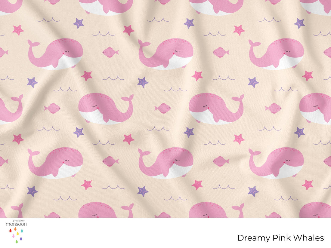 Dreamy Pink Whale Surface Pattern Design for Nursery Fabrics and Children's Products