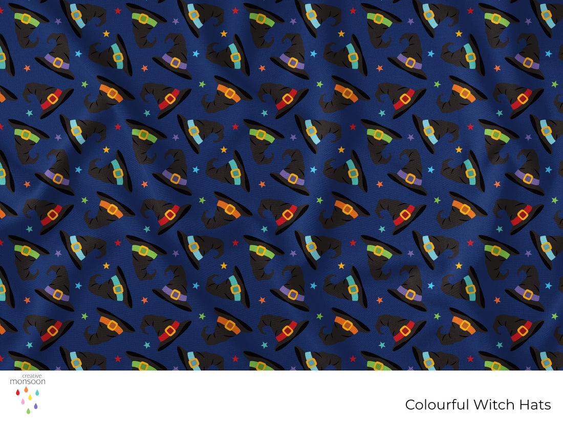 Colourful black witch hats with bright bands and stars on a navy background in a repeating Halloween surface pattern by Creative Monsoon.
