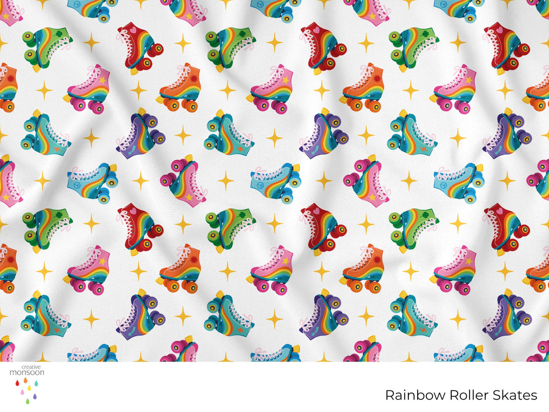 Colourful rainbow roller skates in a playful non-directional repeat pattern with scattered stars by Creative Monsoon.
