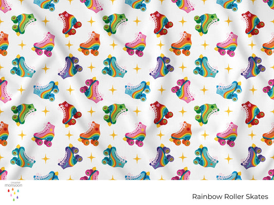 Colourful rainbow roller skates in a playful non-directional repeat pattern with scattered stars by Creative Monsoon.