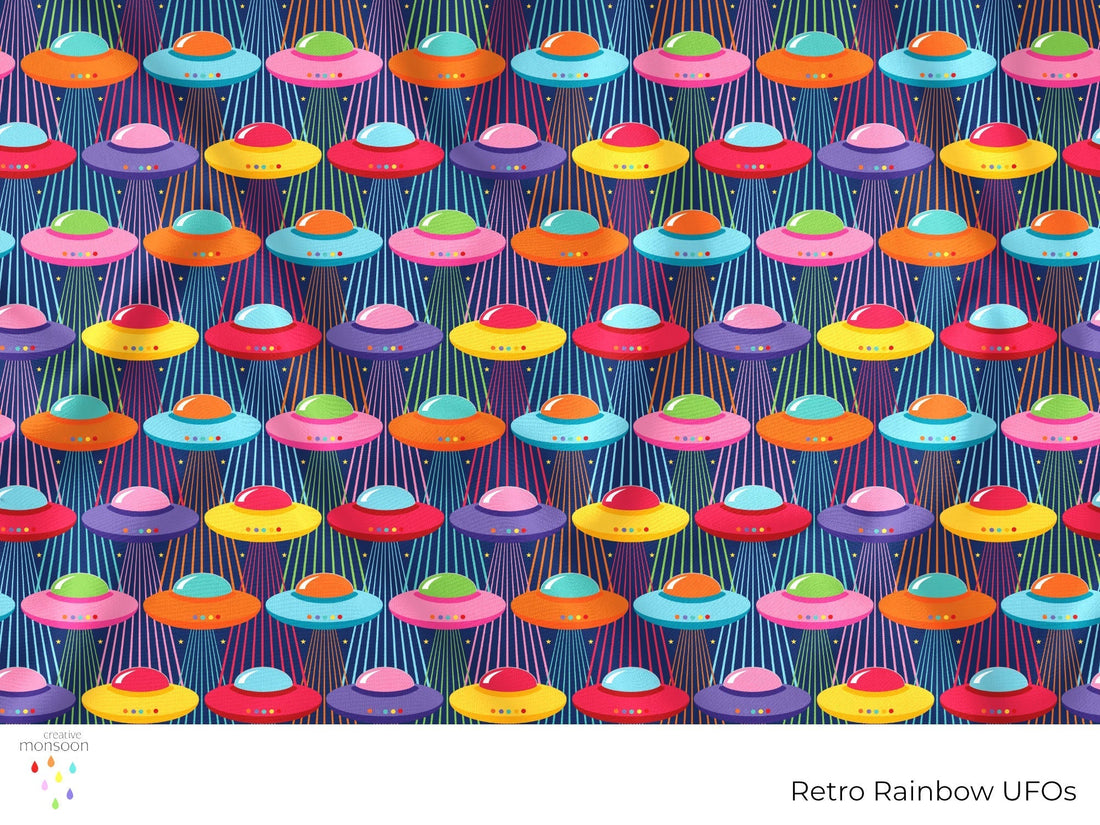 Retro Rainbow UFOs Retro Space Surface Pattern Design for Fabric, Wallpaper and Kids Decor