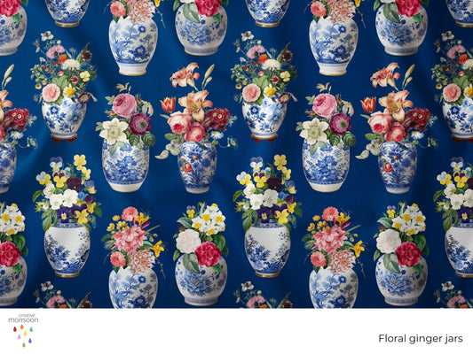 Floral Ginger Jars Surface Pattern Design for Fabric, Homewares and Interiors