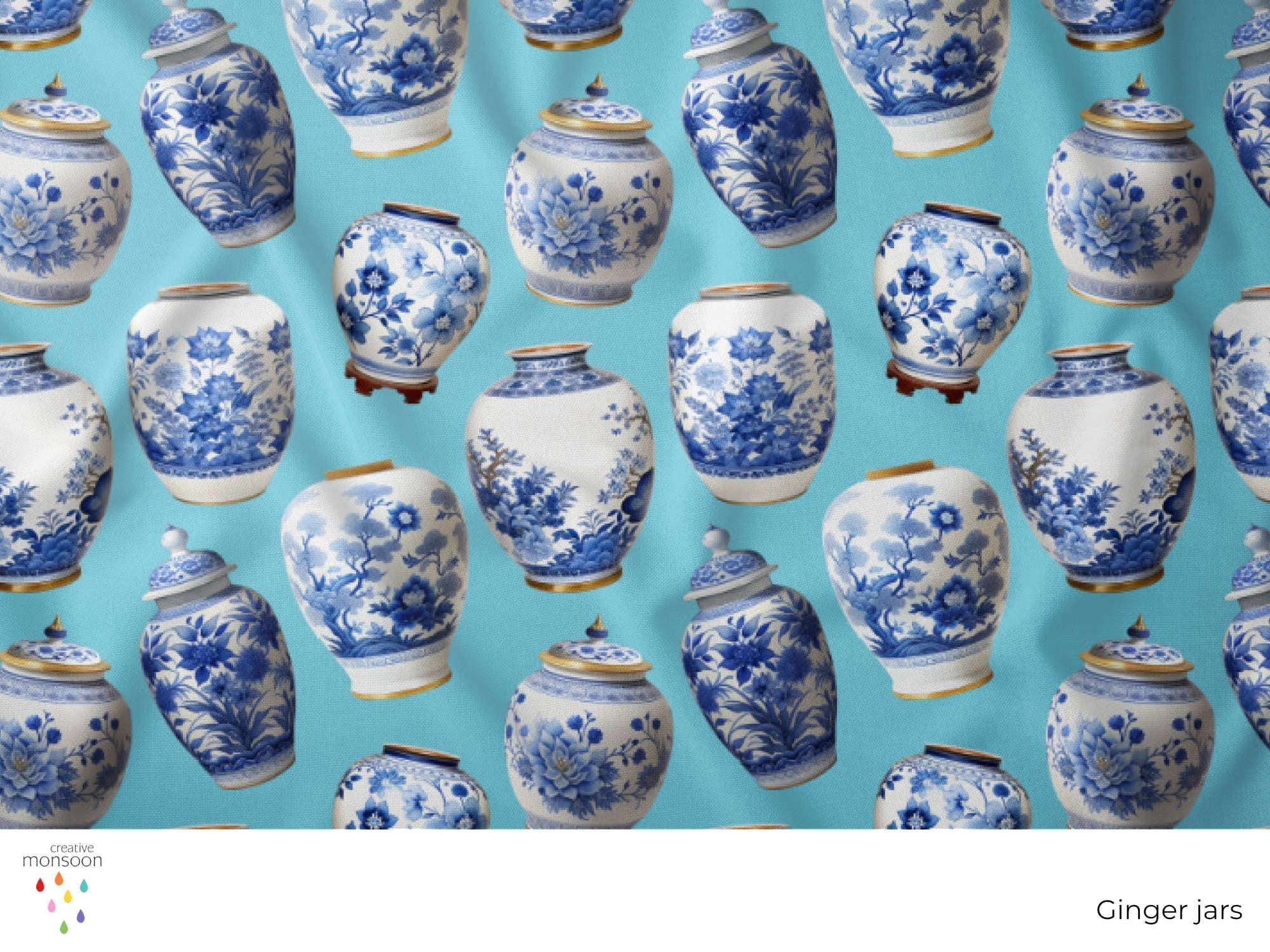 Blue Floral Ginger Jars Surface Pattern Design for Fabric, Homewares a ...