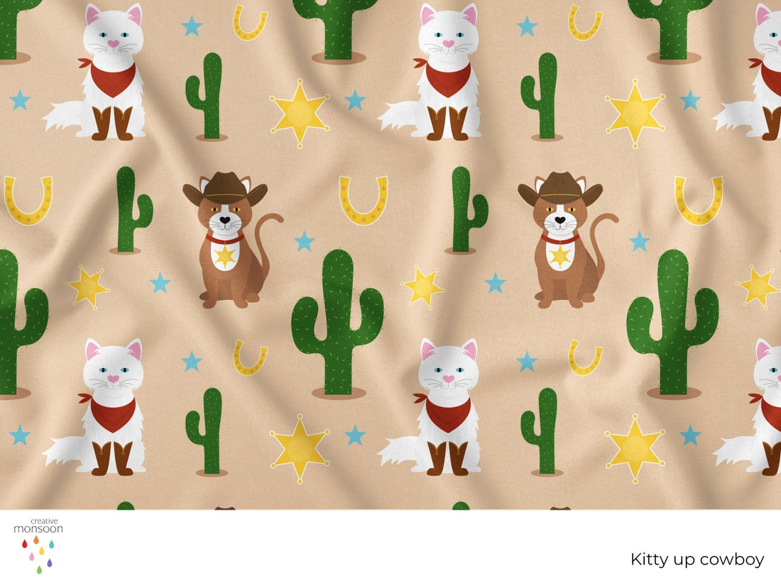 Kitty Up Cowboy Surface Pattern Design for Fabric, Kids Products and Homewares