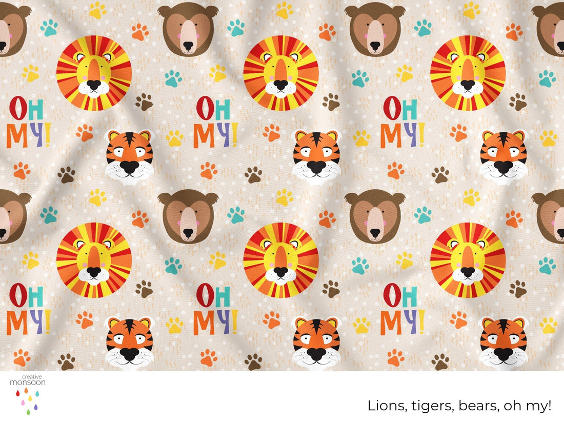 Lions, Tigers and Bears Surface Pattern Design for Fabric, Kids Products and Homewares