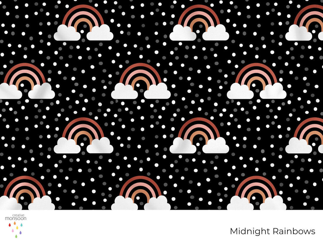Midnight Rainbows Surface Pattern Design for Fabric, Kids Products and Homewares
