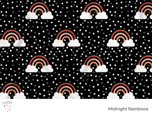 Midnight Rainbows Surface Pattern Design for Fabric, Kids Products and Homewares