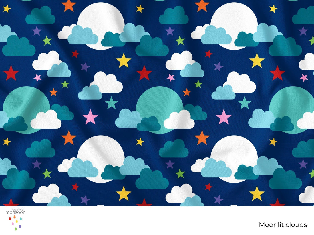 Clouds and moons design by Australian surface pattern designer Creative Monsoon
