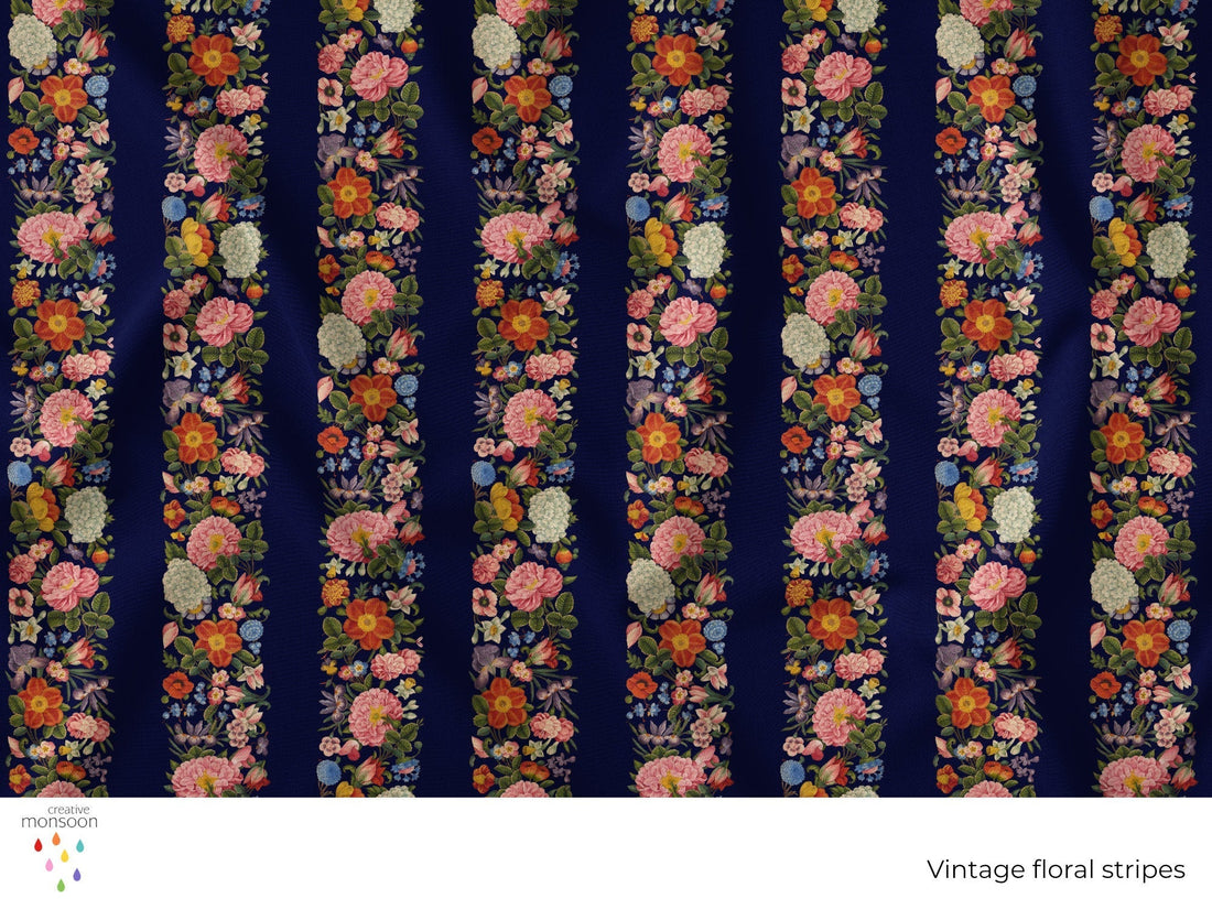 Vintage Floral Stripe Surface Pattern Design for Fabric, Homewares and Interiors