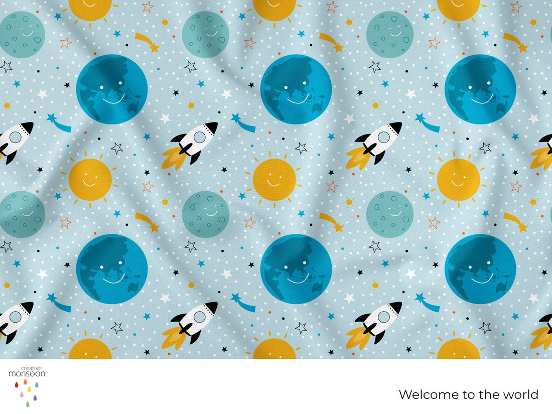 Welcome to the World Space Surface Pattern Design for Fabric, Baby Products and Homewares