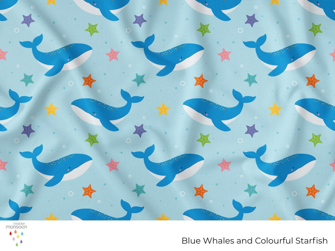 Blue Whales and Colourful Starfish Surface Pattern Design for Children’s Fabrics