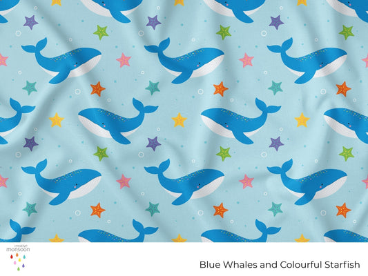 Blue Whales and Colourful Starfish Surface Pattern Design for Children’s Fabrics