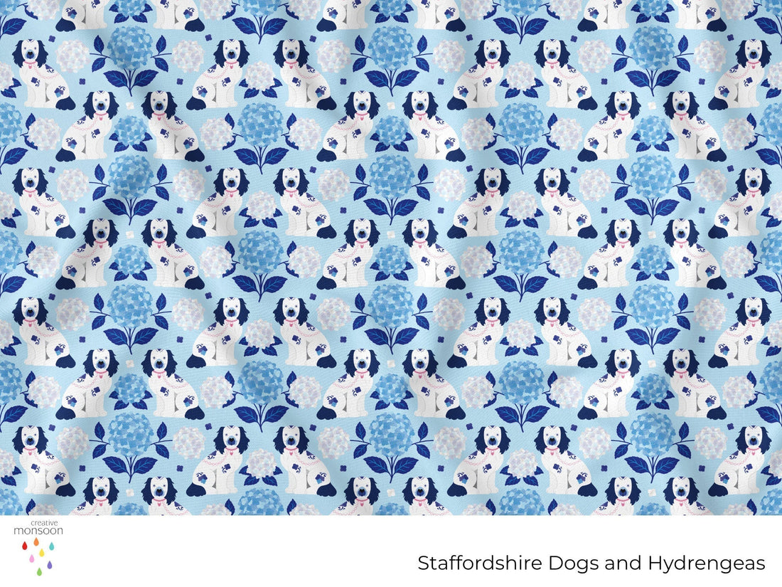 Chinoiserie Staffordshire Dogs & Blue Hydrangeas Surface Pattern Design for Fabric, Wallpaper and Home Décor