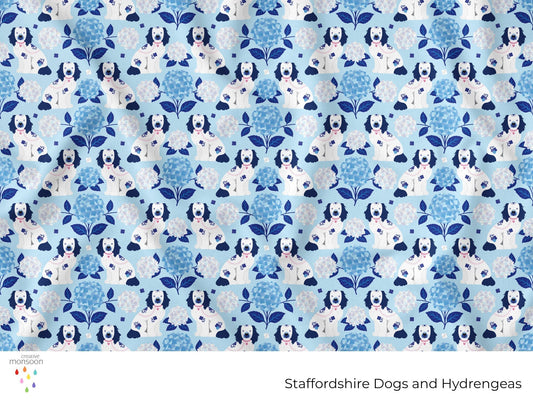 Chinoiserie Staffordshire Dogs & Blue Hydrangeas Surface Pattern Design for Fabric, Wallpaper and Home Décor