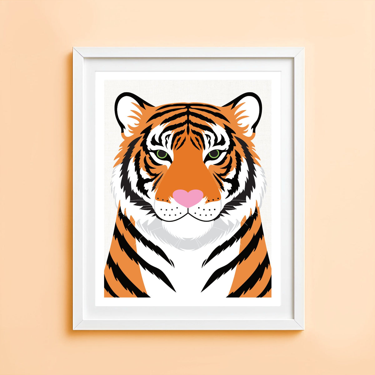 Tiger portrait art print with bold illustrated tiger face and pink nose detail