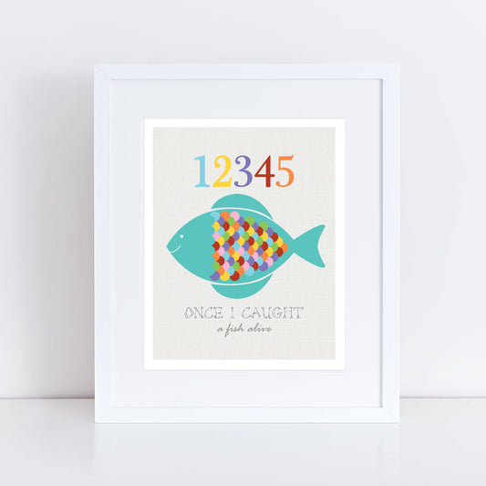 a bright and colourful fish artwork with 12345 once I caught a fish alive in white frame