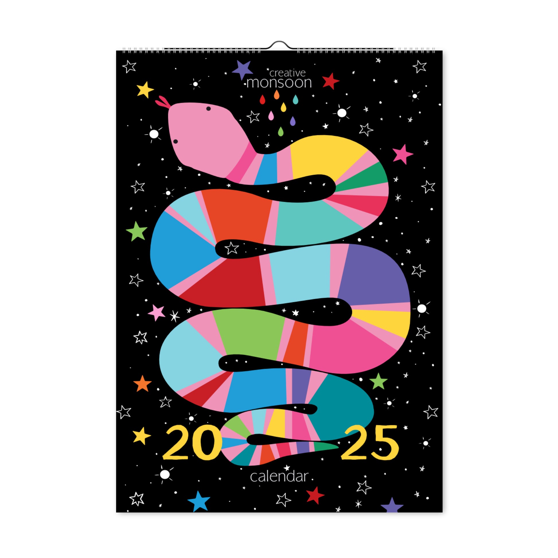 Colourful 2025 calendar with snake illustration