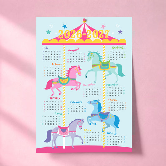 Calendar with carousel design featuring colorful horses on a pink background