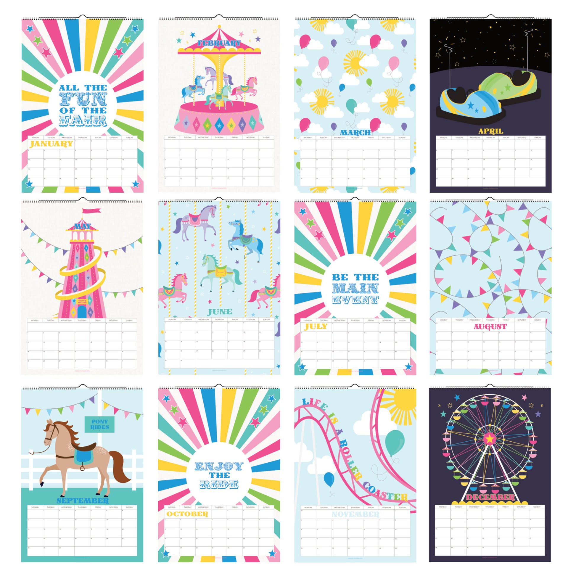12 monthly pages of a colourful carnival themed calendar