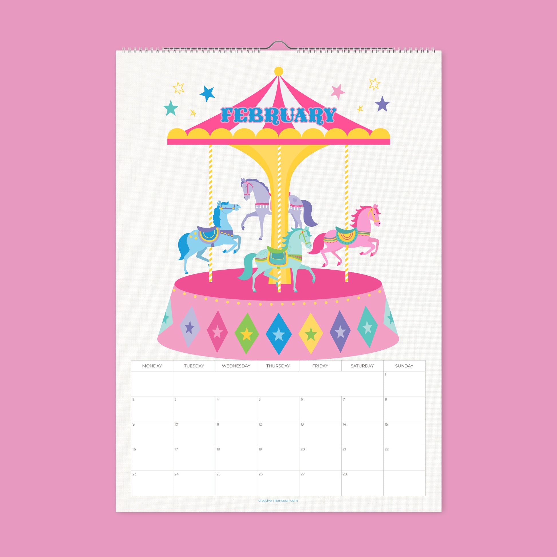 Calendar with a carousel design on a pink background
