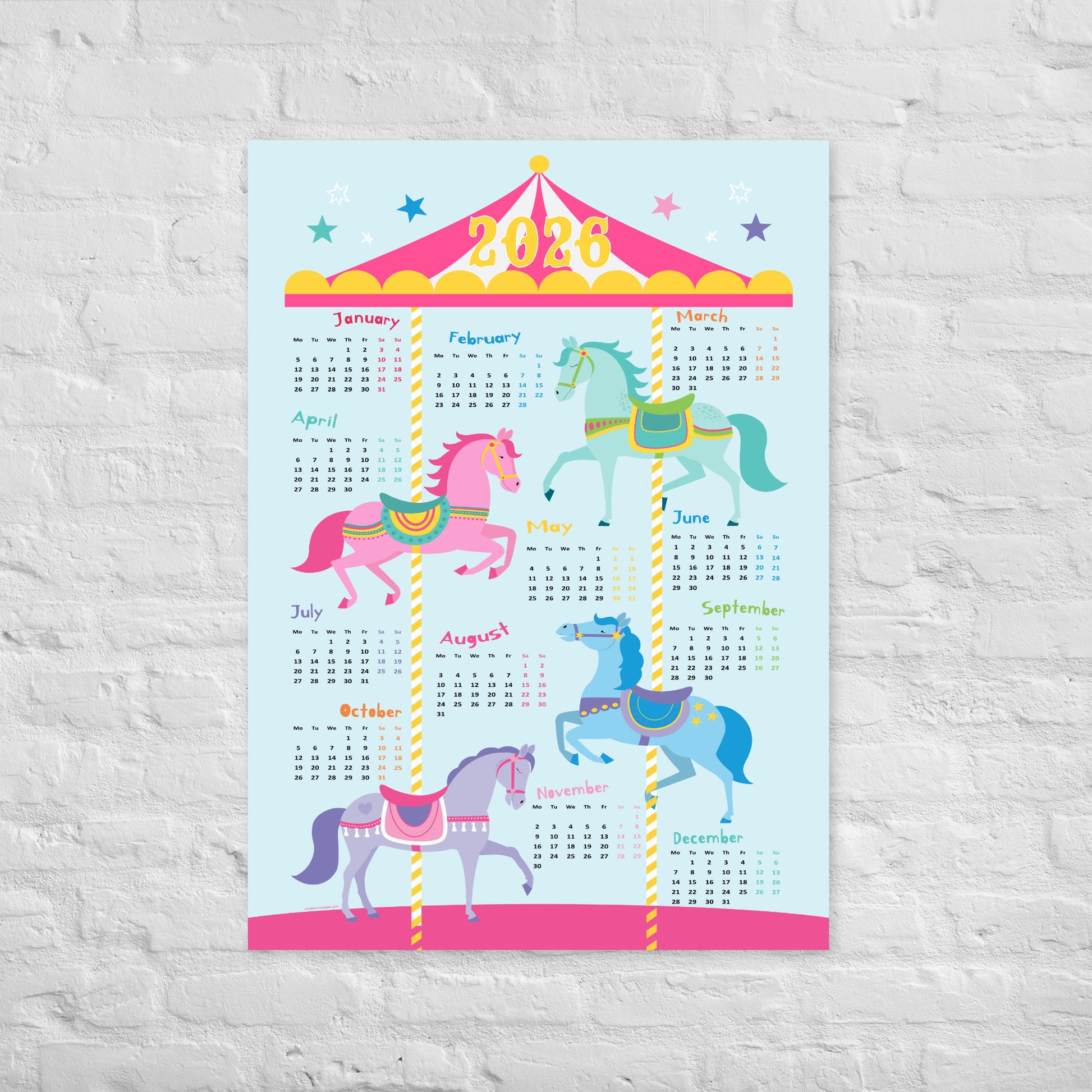 2026 calendar with colorful carousel horses on a light blue background