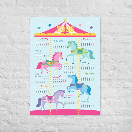 2026 calendar with colorful carousel horses on a light blue background