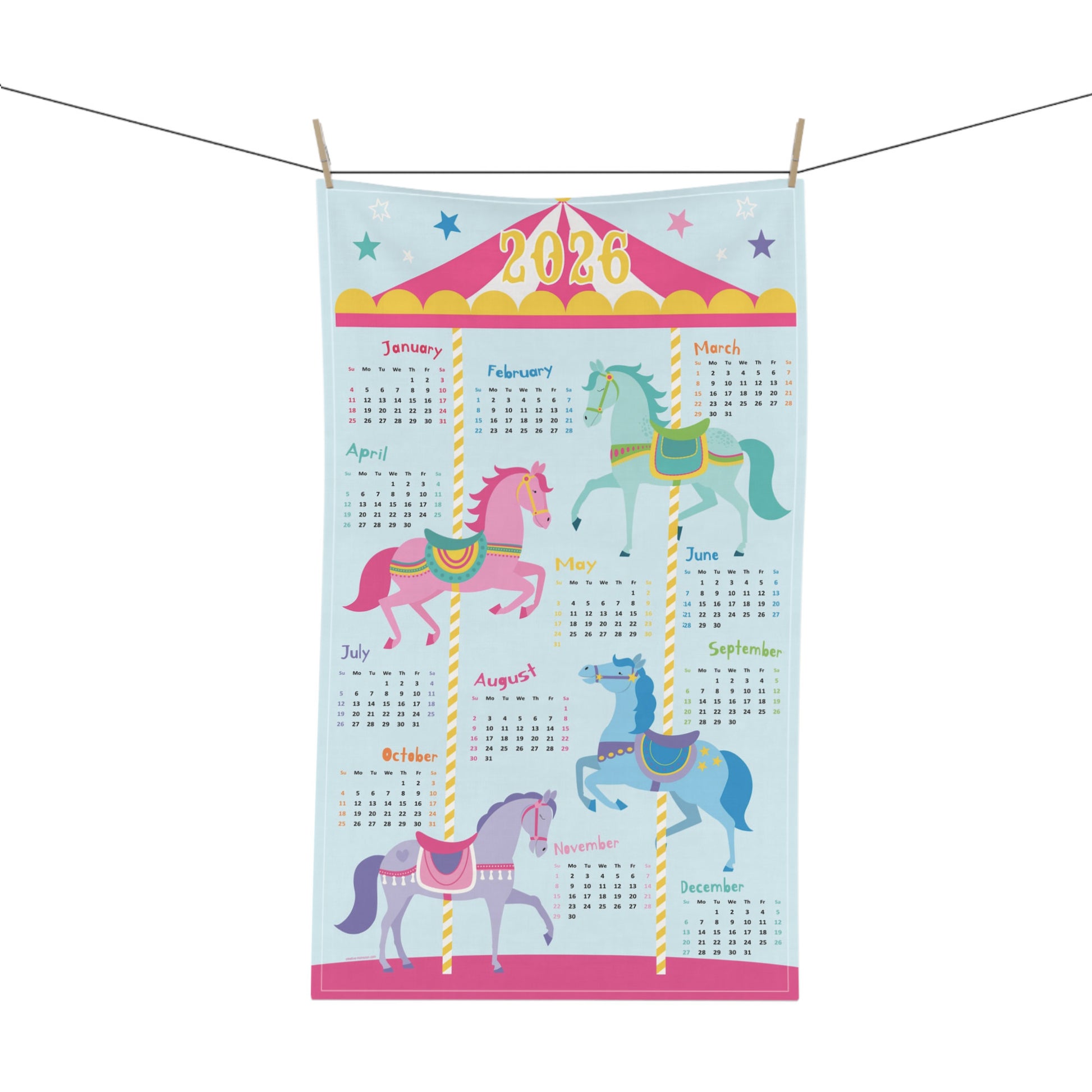 Calendar with carousel horses design for the year 2026 on a white background