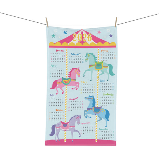 Calendar with carousel horses design for the year 2026 on a white background