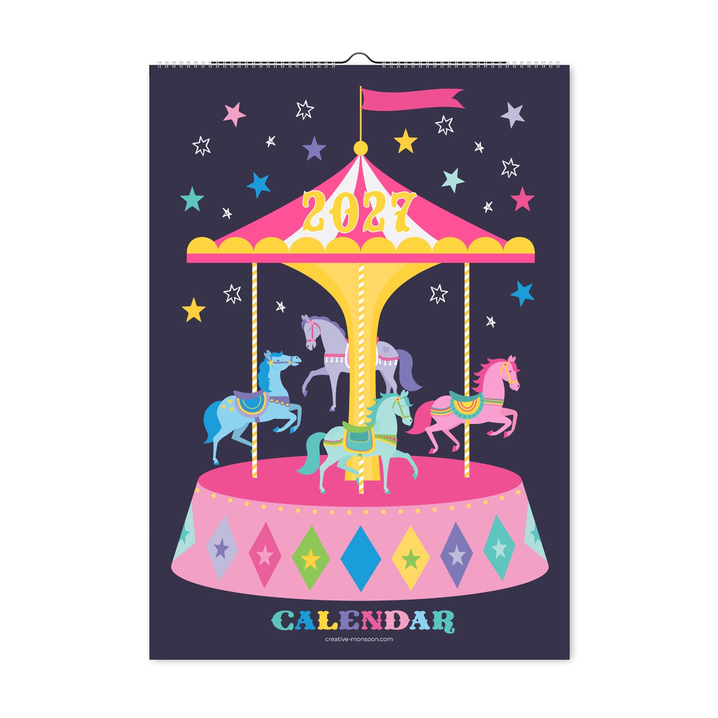 Calendar with a carousel design featuring colorful horses and stars on a dark background.