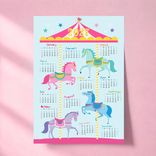 2027 wall calendar poster with colourful carousel horses and circus-inspired design