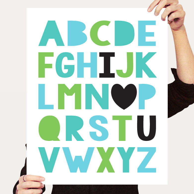 I love you ABCs print in green and turquoise