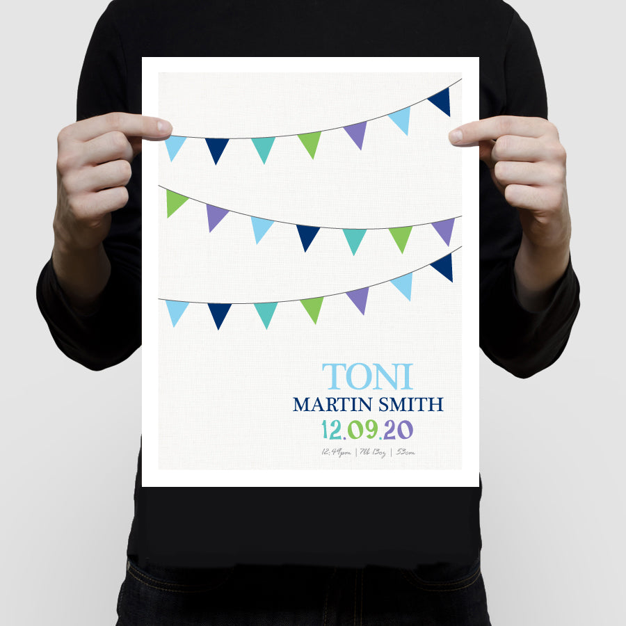 Colourful bunting custom birth stats print