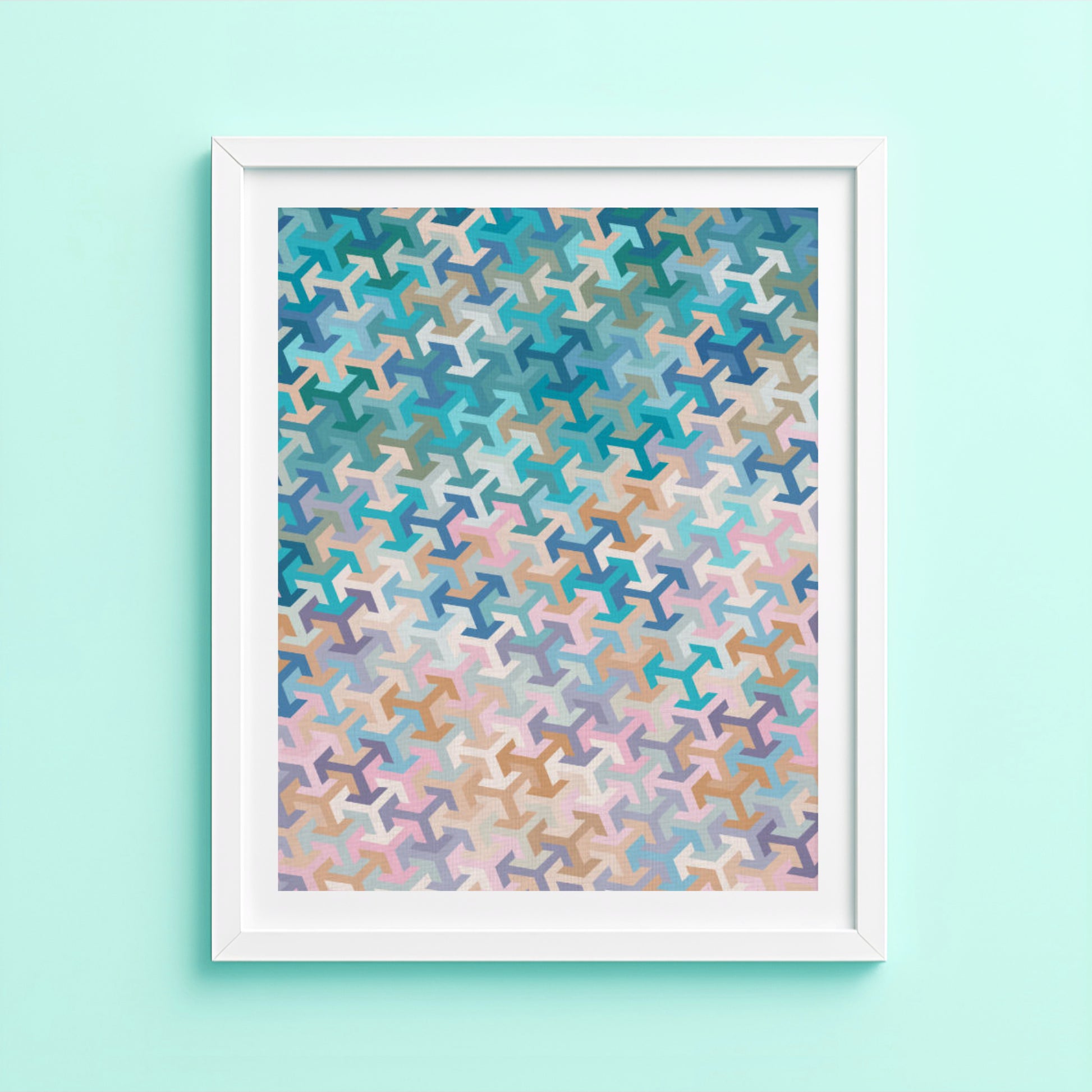 Geometric arrow cubes art print with cascading colour pattern