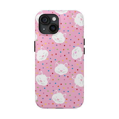 phone case features adorable, sleepy white cat faces with heart-shaped noses, set against a soft pink background sprinkled with colourful polka dots