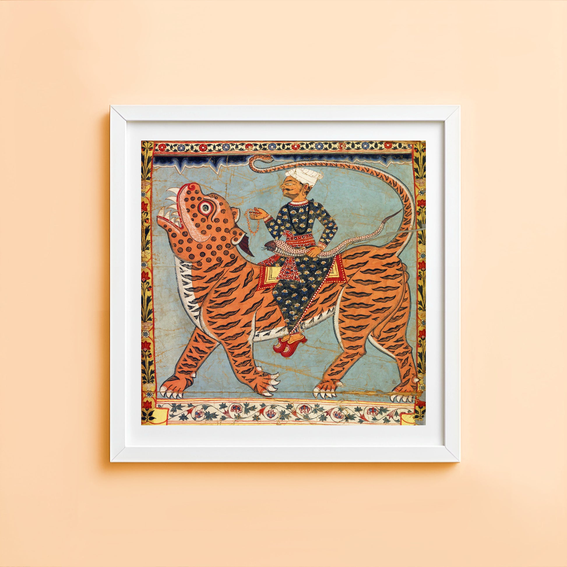 artwork of a person riding a tiger 