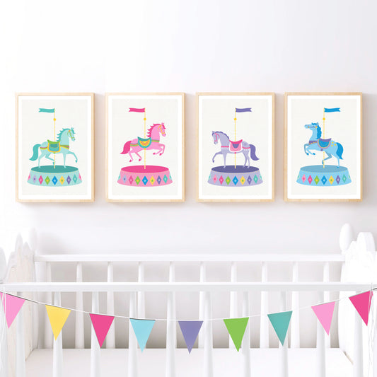 Four illustrations of colorful carousel horses above a crib with a string of multicolored flags.