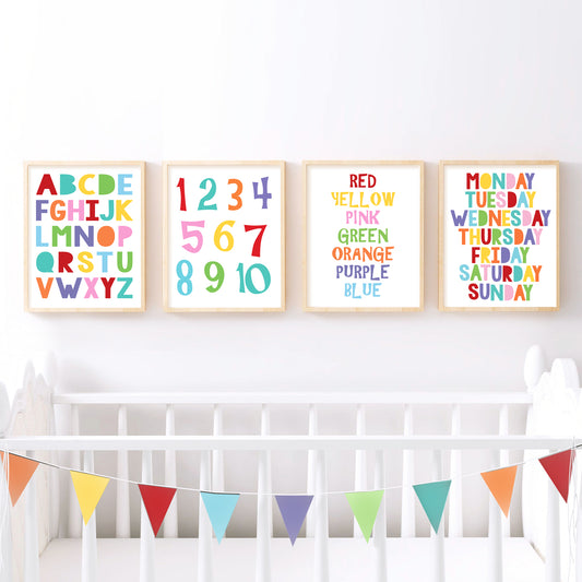 Nursery with educational set of prints over cot