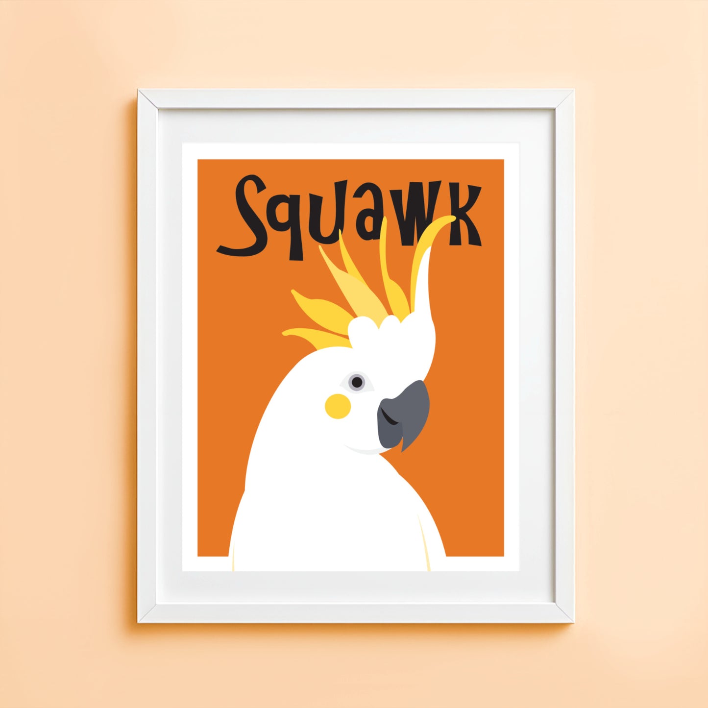 Artwork of a white cockatoo with yellow crest on an orange background with 'Squawk' text.