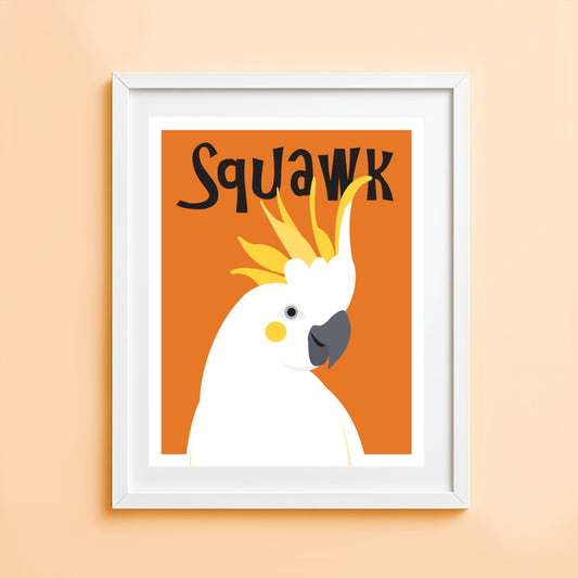 Artwork of a white cockatoo with yellow crest on an orange background with 'Squawk' text.
