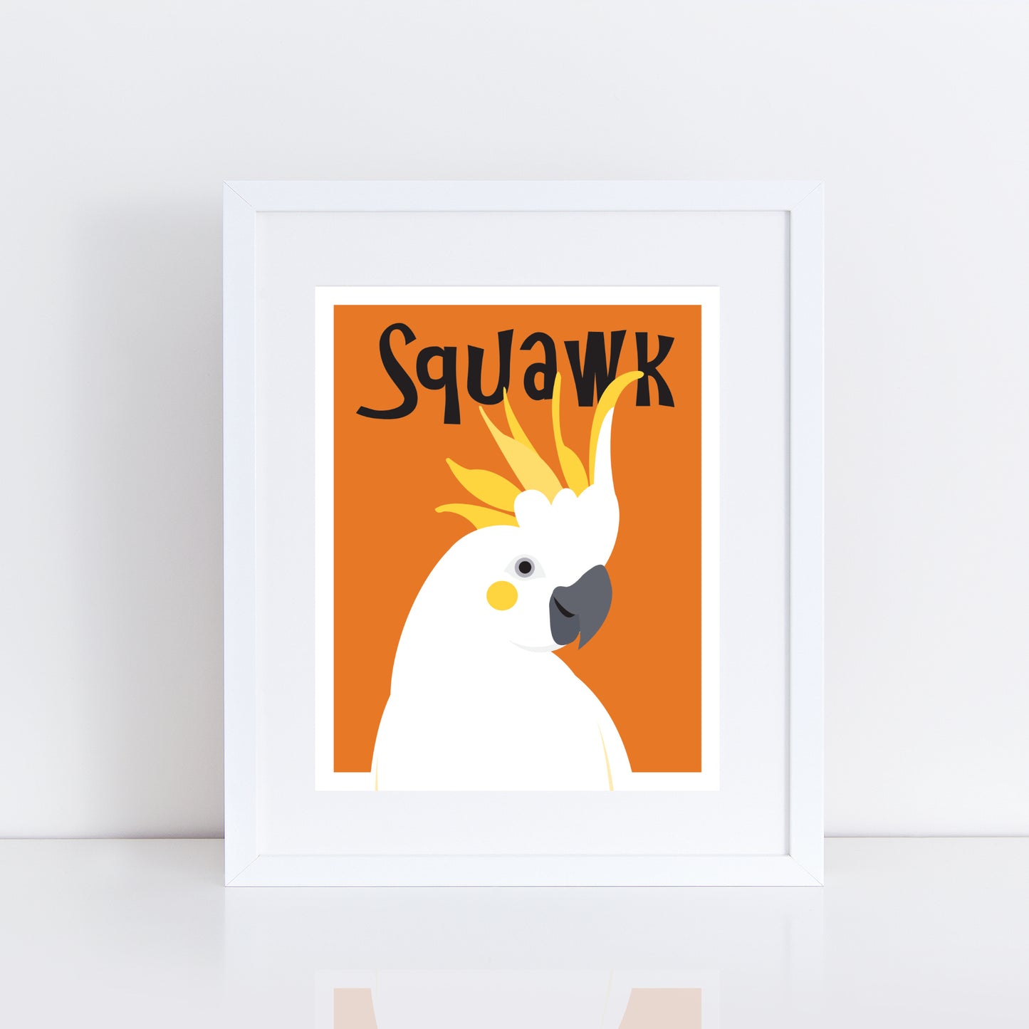 colourful cockatoo print for a nursery with orange and SQUAWK above the bird