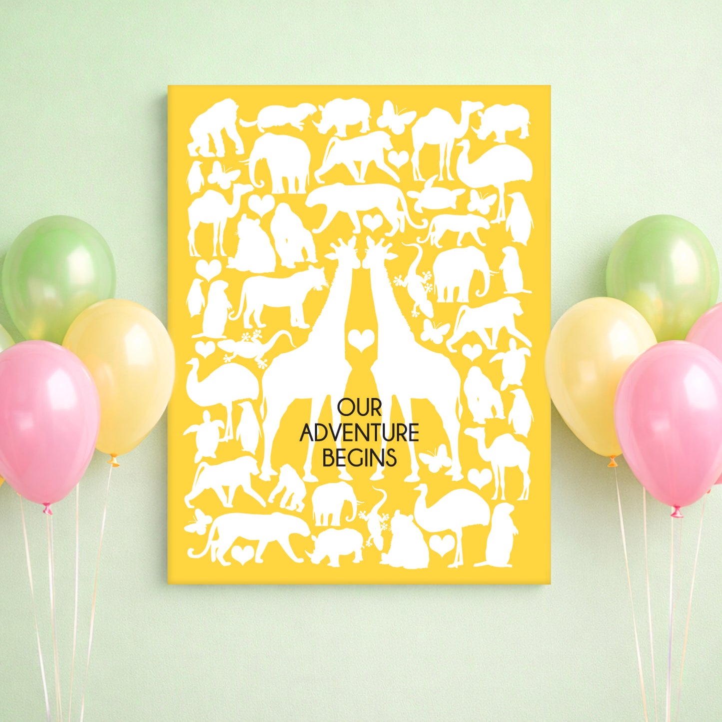 Yellow Safari animal wall art guest book poster with white animal silhouettes and 'Our Adventure Begins' text, surrounded by colorful balloons.