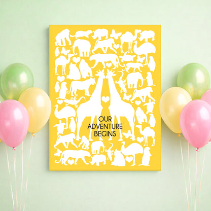 Yellow Safari animal wall art guest book poster with white animal silhouettes and 'Our Adventure Begins' text, surrounded by colorful balloons.