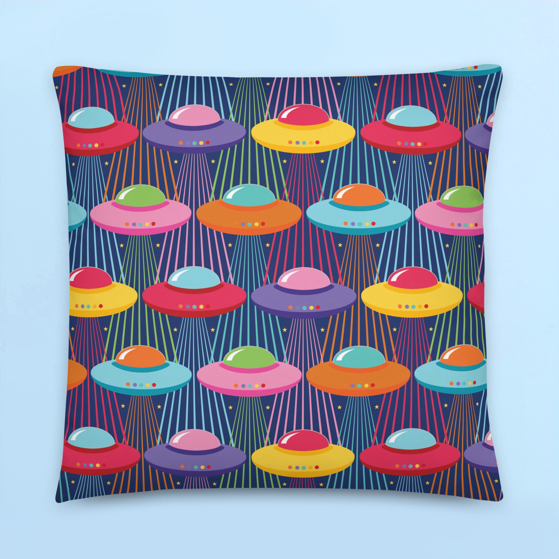 Colourful UFO pattern cushion cover with retro rainbow alien spaceships on navy blue background for kids room and playroom decor.
