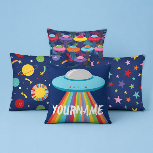 Set of four colourful space themed cushion covers featuring rainbow UFOs, stars and smiling planets arranged together in a playful style. Includes personalised UFO cushion, star print cushion, space planet cushion and retro UFO pattern cushion for kids bedrooms and playrooms.