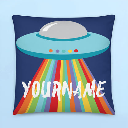 Personalised UFO cushion cover with rainbow alien spaceship design on navy blue background for colourful kids room and space themed bedroom decor.