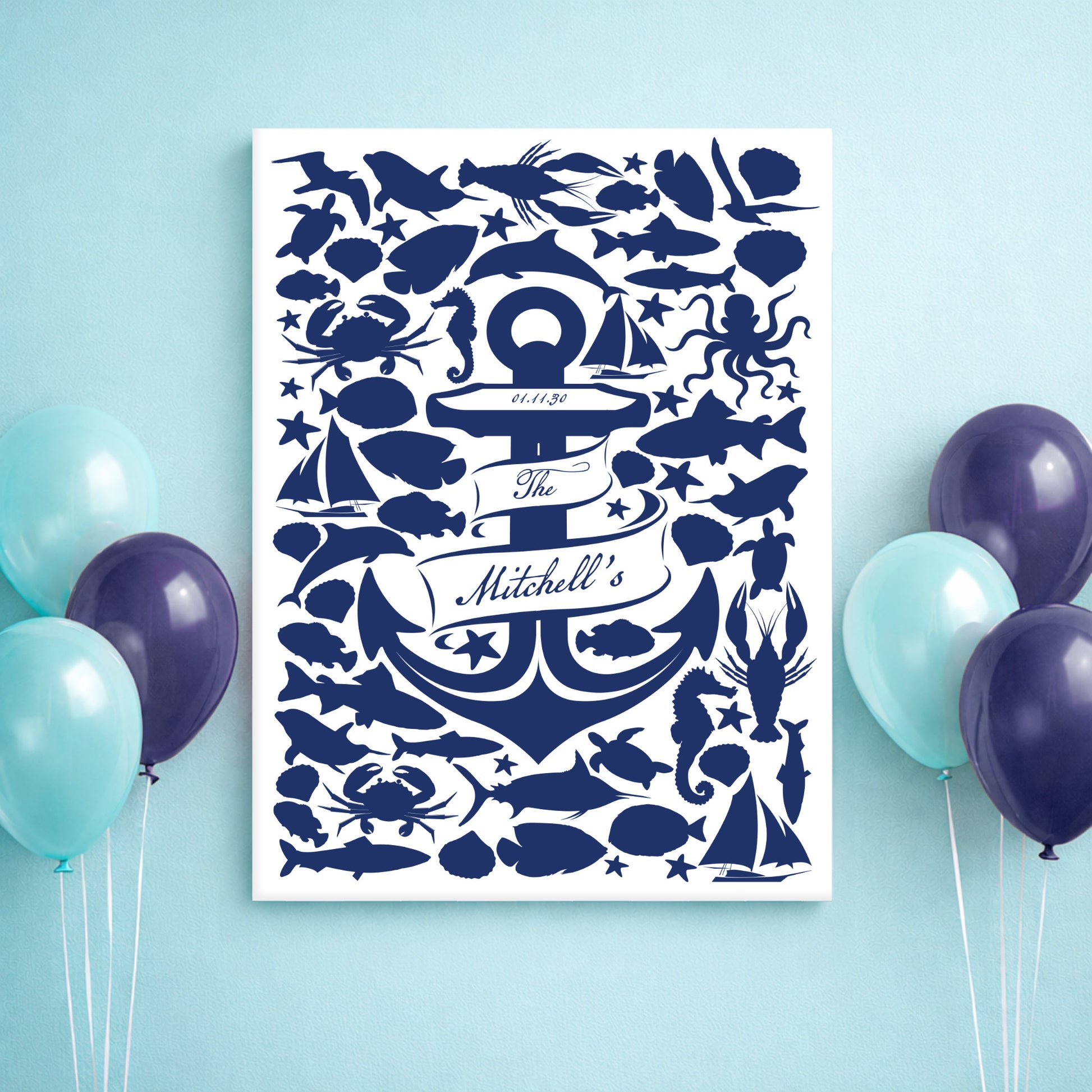 Decorative wedding guest book poster with blue sea-themed anchor illustrations on a light blue background, surrounded by balloons.