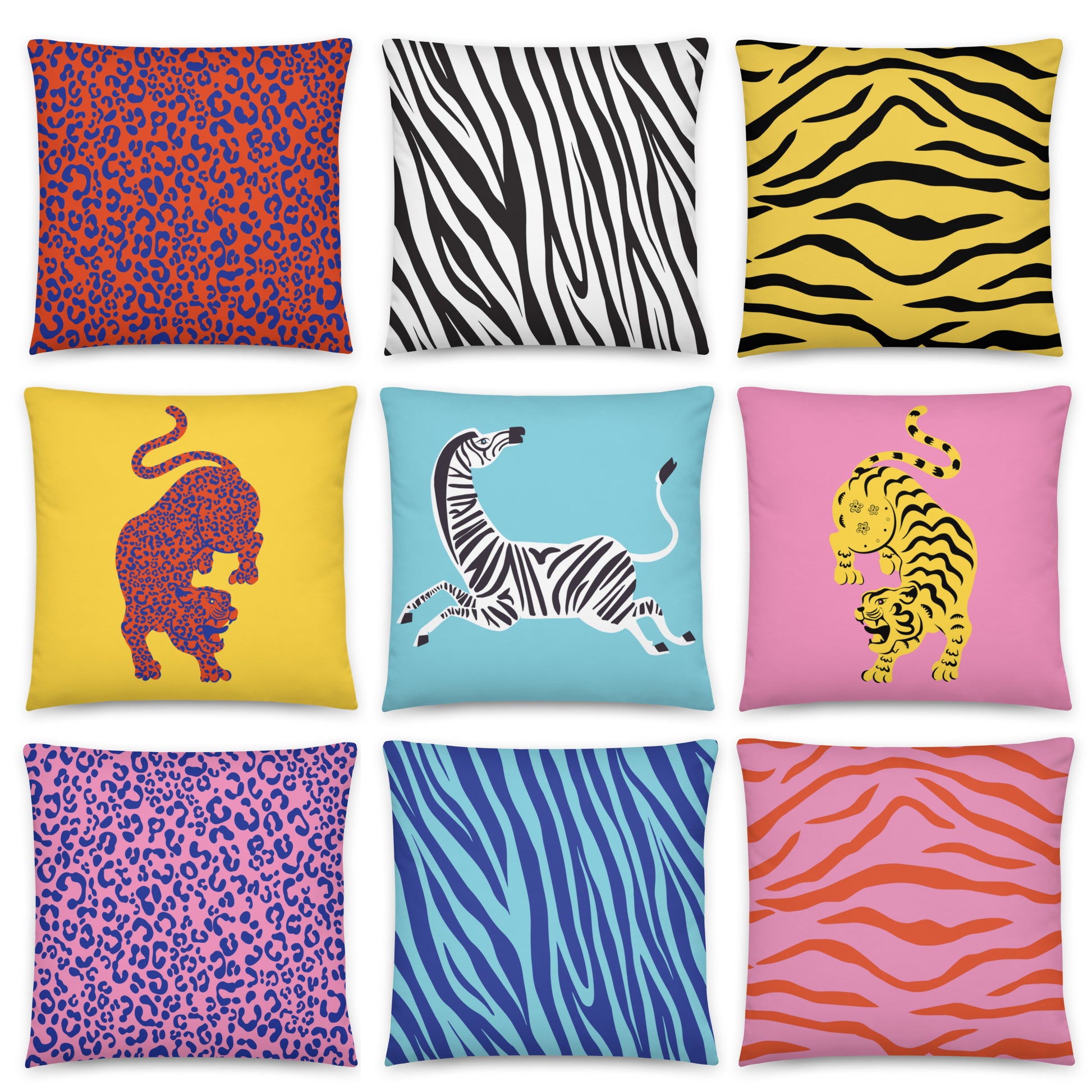 Collection of colourful Wild Things animal print cushion covers featuring tiger, zebra and leopard designs in bold pink, yellow, blue, orange and black colour combinations arranged in a grid.